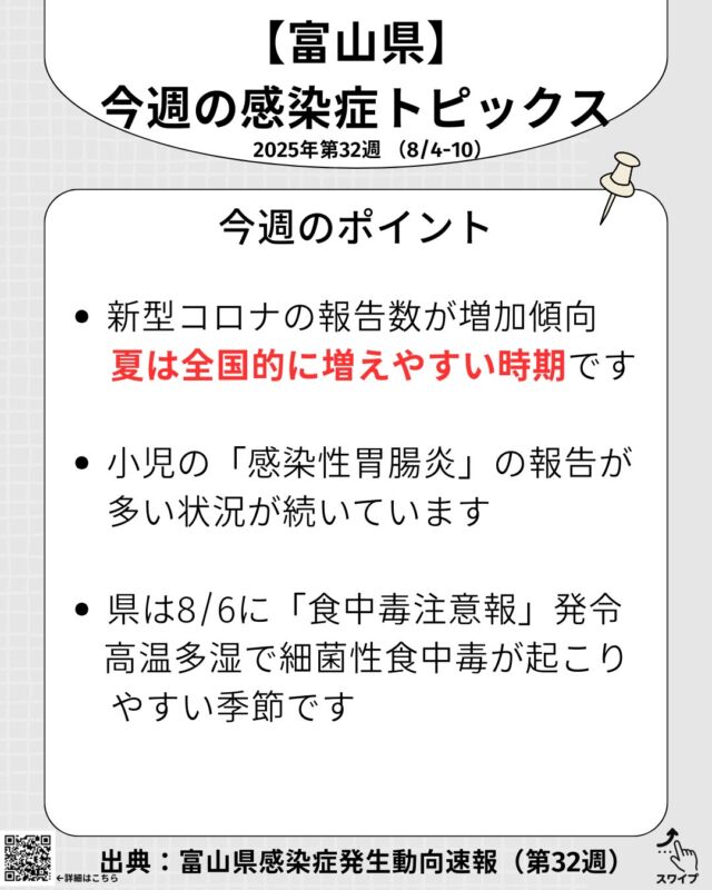 今週（第32週：8/4〜8/10）の富山県の感染症動向です。
✅ 胃腸炎が多め／COVID-19は増加傾向
✅ 8/6に食中毒注意報（高温多湿で増えやすい季節）
ご家庭では「手洗い」「十分な加熱」「作り置きの速冷」を徹底しましょう。登園・受診の目安はスライドをご参照ください。
参考：富山県感染症発生動向速報（富山県感染症情報センター）

#富山 #上飯野小児科 #感染症情報 #小児科 #胃腸炎 #COVID19 #食中毒注意報 #手洗い #育児