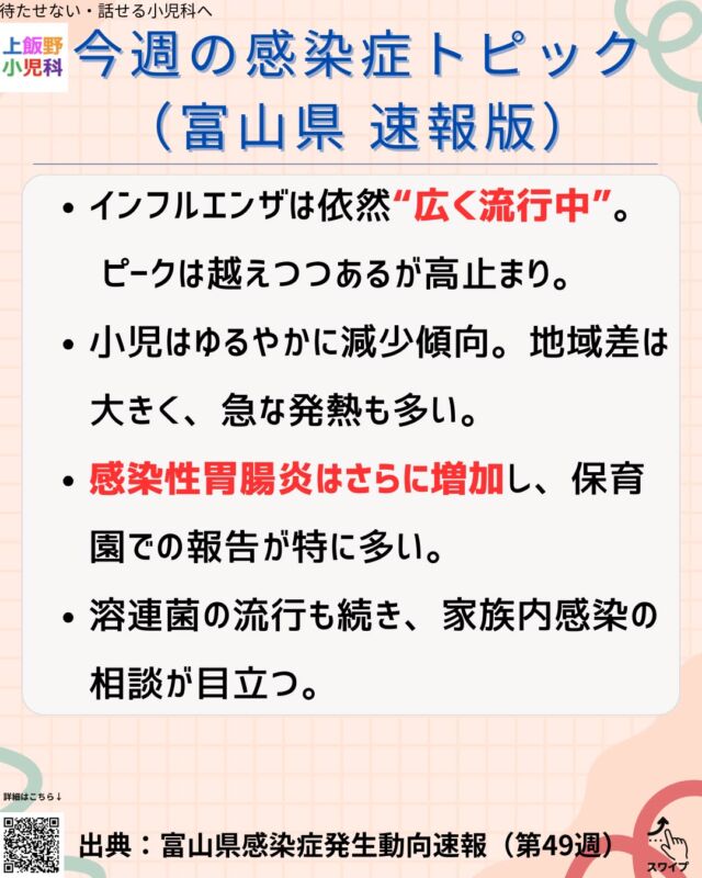 今週の富山県の感染症動向です（第49週）。
インフルエンザはピークを越えつつありますが、依然として広い範囲で流行が続いています。
一方で、感染性胃腸炎は増加が目立ち、園児を中心に連鎖的に広がるケースが見られます。
溶連菌、RSウイルス、COVID-19も引き続き散発しており、体調の変化が早い時期です。
お子さんが「いつもと違う」と感じる時は、早めの受診をご検討ください。
水分がとれない・ぐったりしている・呼吸が苦しそうなどの症状は、すぐにご相談を。
当院ではWeb予約が可能です。待ち時間短縮にご活用ください。

#上飯野小児科
#富山感染症情報
#富山県
#小児科
#インフルエンザ
#感染性胃腸炎
#溶連菌
#RSウイルス
#子育て富山
#富山ママ
#小児科医が発信
#子どもの病気
#冬の感染症
#育児の悩み
#Web予約できます