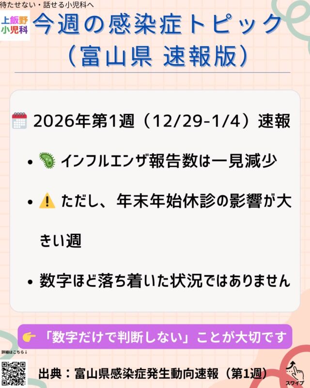 2026年第1週（12/29〜1/4）の
富山県感染症発生動向速報をもとにまとめました🦠
📉 インフルエンザの報告数は一見減少していますが、
これは年末年始の医療機関休診の影響が大きい週です。
👉 「数字が下がった＝感染が落ち着いた」ではありません。
実際には
・年末年始の移動や会食後
・数日遅れて発症するケース
・家庭内で一気に広がる感染性胃腸炎
など、連休明けに症状が出る相談が増えやすい時期です。
「熱はないけど咳が続く」
「嘔吐・下痢のあと元気が戻らない」
そんな時は様子を見すぎず、早めにご相談ください。
🟣 迷ったら受診・相談を
それが一番の安心につながります。
（出典：富山県感染症発生動向速報 第1週）

Based on the Toyama Prefecture Infectious Disease Surveillance Report
for Week 1 of 2026 (Dec 29 – Jan 4) 🦠
📉 Although influenza case numbers appear to have decreased,
this is largely due to many medical facilities being closed during the New Year holidays.
👉 A decrease in numbers does NOT mean infections have settled.
In reality:
• Symptoms may appear after travel or gatherings during the holidays
• Some cases develop a few days later
• Viral gastroenteritis can spread rapidly within households
This is a time when post-holiday symptoms become more noticeable.
If your child has:
• A persistent cough without fever
• Vomiting or diarrhea with slow recovery
👉 Please don’t wait too long — consult a pediatrician early.
🟣 When in doubt, seeking medical advice brings peace of mind.
(Source: Toyama Prefecture Infectious Disease Surveillance Report, Week 1)

#上飯野小児科
#富山小児科
#待たせない話せる小児科
#富山ママ
#富山パパ
#感染症情報
#インフルエンザ
#感染性胃腸炎
#コロナに注意
#年末年始明け
#連休明け注意
#様子見すぎないで
#早めの受診を
#子どもの体調管理
#小児科受診の目安